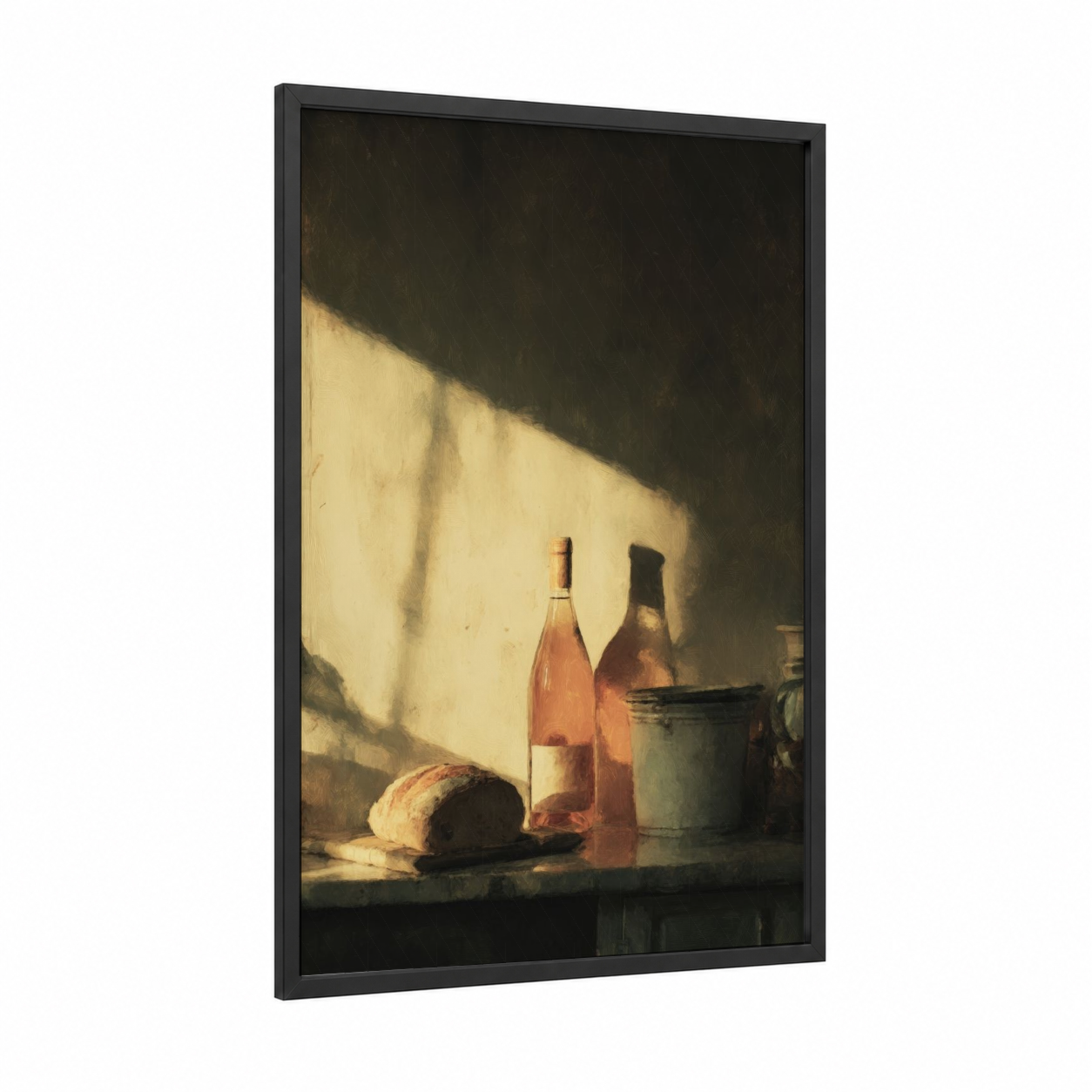 Sunlit Rose Wine framed art print — black wood frame — gold and cream palette