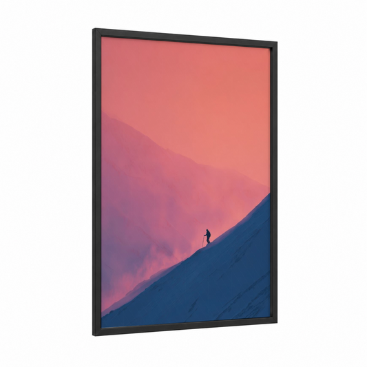Alpine Descent framed skiing print — black wood frame — pink and dark blue palette