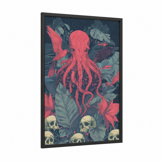 Crimson Cthulhu framed art print — black wood frame — magenta and dark blue palette