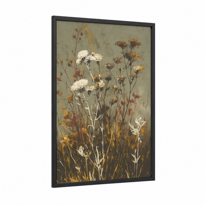 Dried Herb Garden framed herbs print — black wood frame — sage green and gold palette