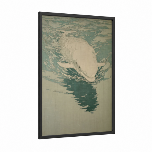 Arctic Beluga framed beluga whale print — black wood frame — teal and cream palette