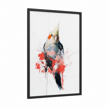 Watercolor Cockatiel framed art print — black wood frame — red and black and white palette