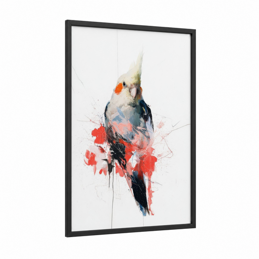 Watercolor Cockatiel framed art print — black wood frame — red and black and white palette