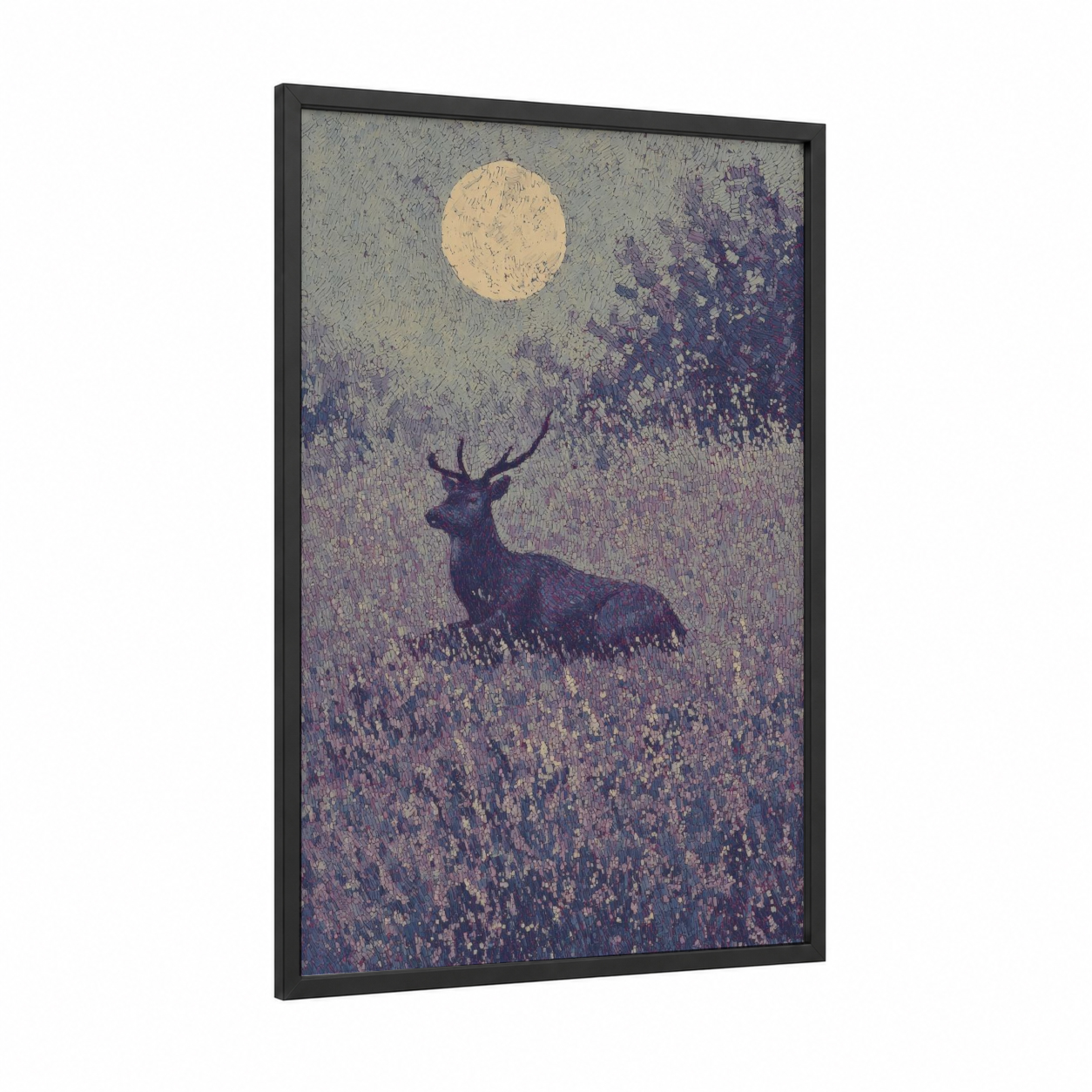 Moonlit Reindeer framed art print — black wood frame — lavender and cream palette
