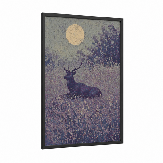 Moonlit Reindeer framed art print — black wood frame — lavender and cream palette