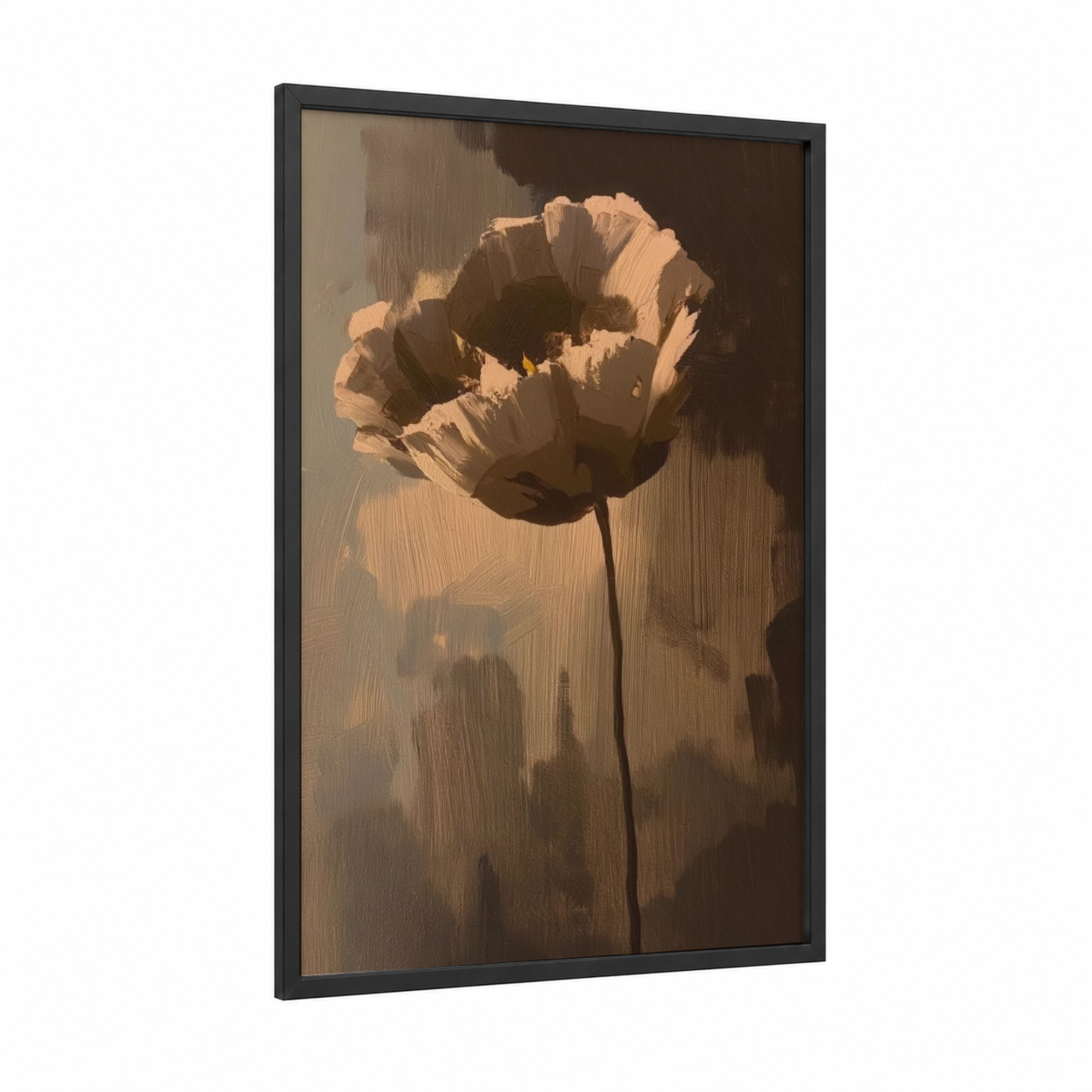 Golden Poppy Study framed abstract flower print — black wood frame — gold and dove gray palette
