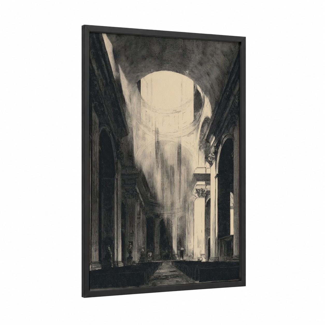 Cathedral Light framed churches and chapels print — black wood frame — black and white and cream palette