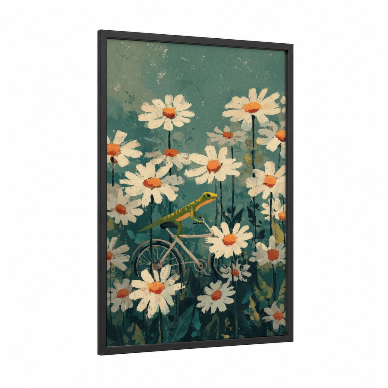 Daisy Lizard framed art print — black wood frame — teal and cream palette