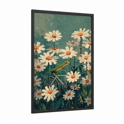Daisy Lizard framed art print — black wood frame — teal and cream palette