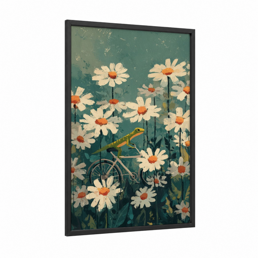 Daisy Lizard framed art print — black wood frame — teal and cream palette