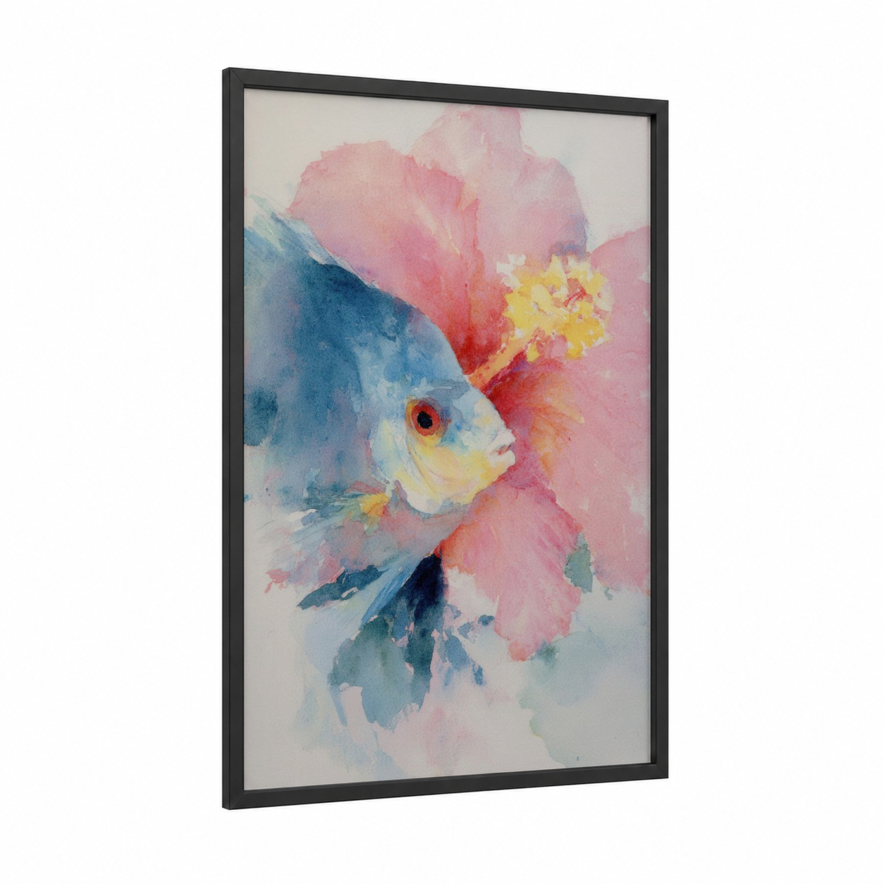 Pink Blossom Discus framed discus fish print — black wood frame — pink and blue palette
