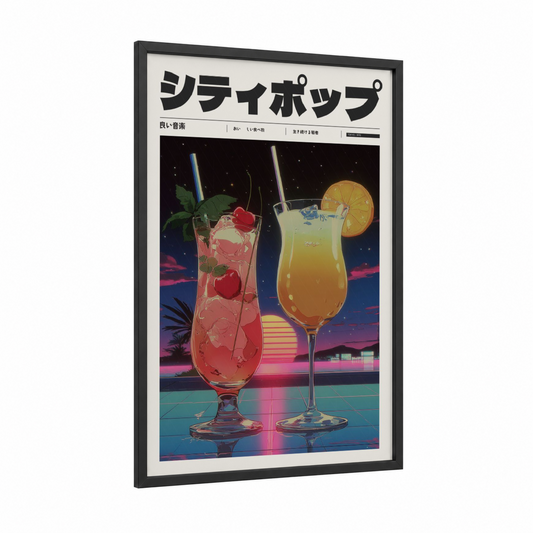 Neon Cocktail Hour framed anime and manga print — black wood frame — magenta and teal palette