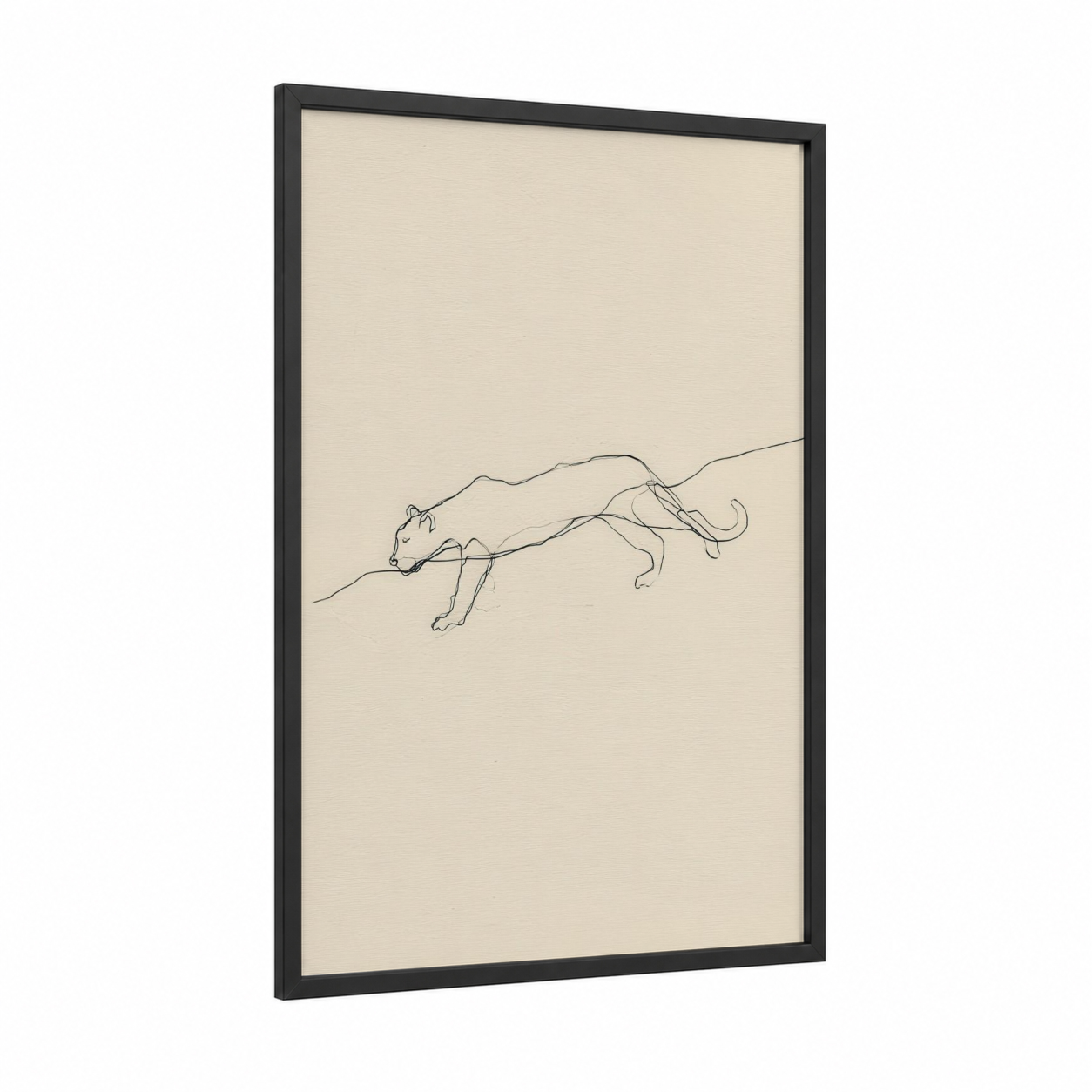Stretching Jaguar framed art print — black wood frame — black and white and beige palette