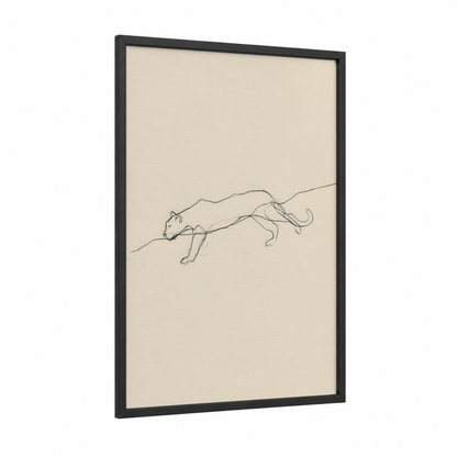 Stretching Jaguar framed art print — black wood frame — black and white and beige palette