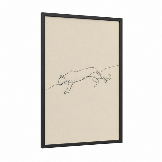 Stretching Jaguar framed art print — black wood frame — black and white and beige palette