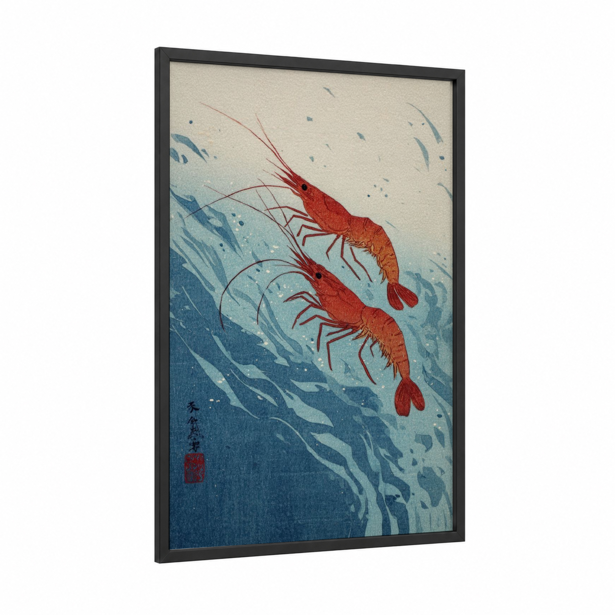 Crimson Shrimp Pair framed art print — black wood frame — blue and red palette