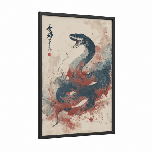Crimson Viper framed art print — black wood frame — cream and black and red palette