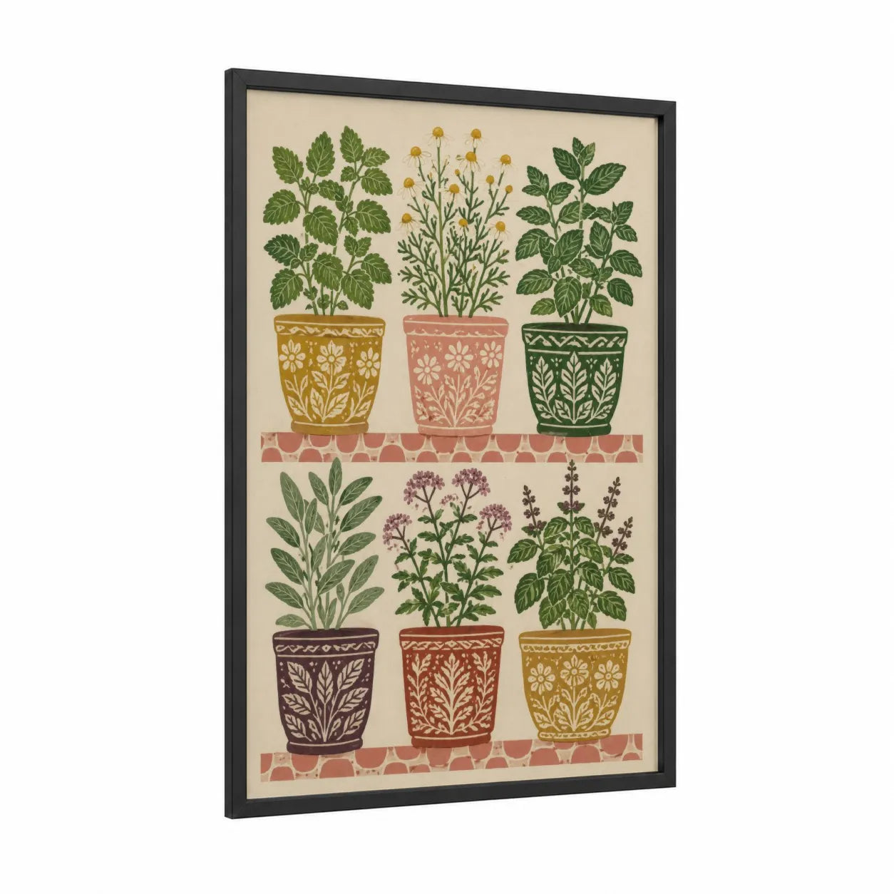 Decorative Herb Garden Pots Wall Art framed herbs print — black wood frame — beige and true green palette