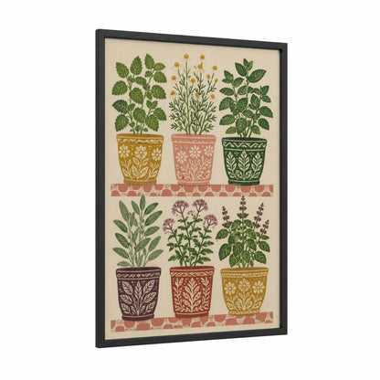 Decorative Herb Garden Pots Wall Art framed herbs print — black wood frame — beige and true green palette