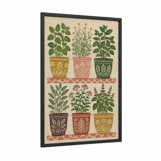 Decorative Herb Garden Pots Wall Art framed herbs print — black wood frame — beige and true green palette