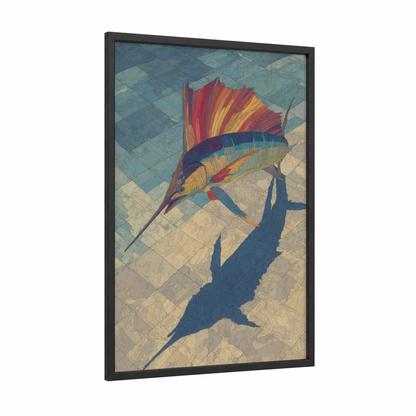 Crimson Sailfish framed art print — black wood frame — blue and gold palette