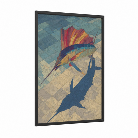 Crimson Sailfish framed art print — black wood frame — blue and gold palette