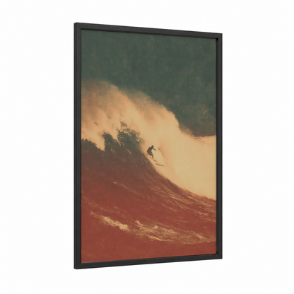 Golden Wave Surfer framed water surfing print — black wood frame — gold and russet palette