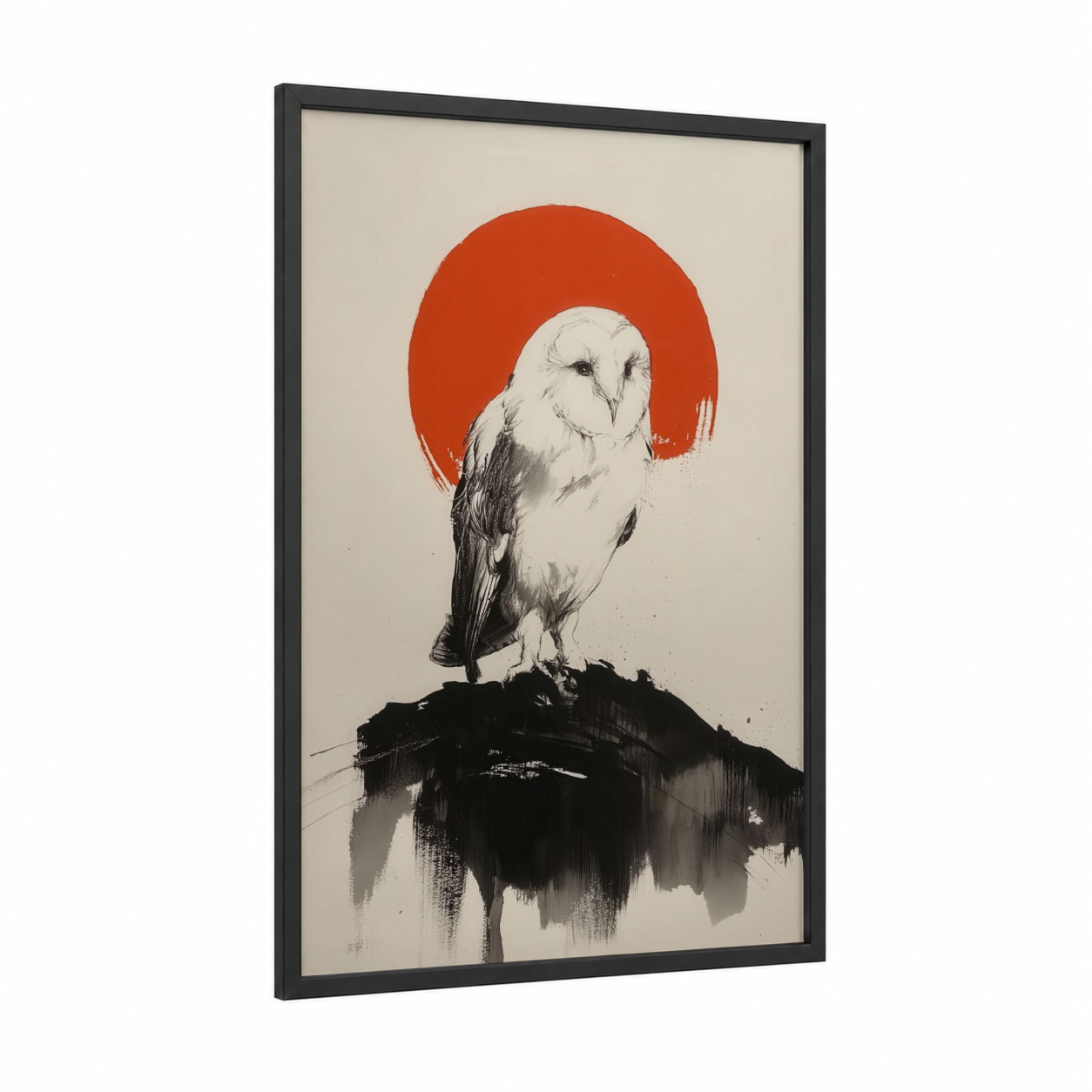 Crimson Sentinel Owl framed art print — black wood frame — black and white and red palette