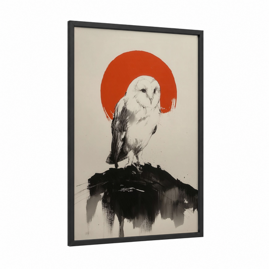 Crimson Sentinel Owl framed art print — black wood frame — black and white and red palette
