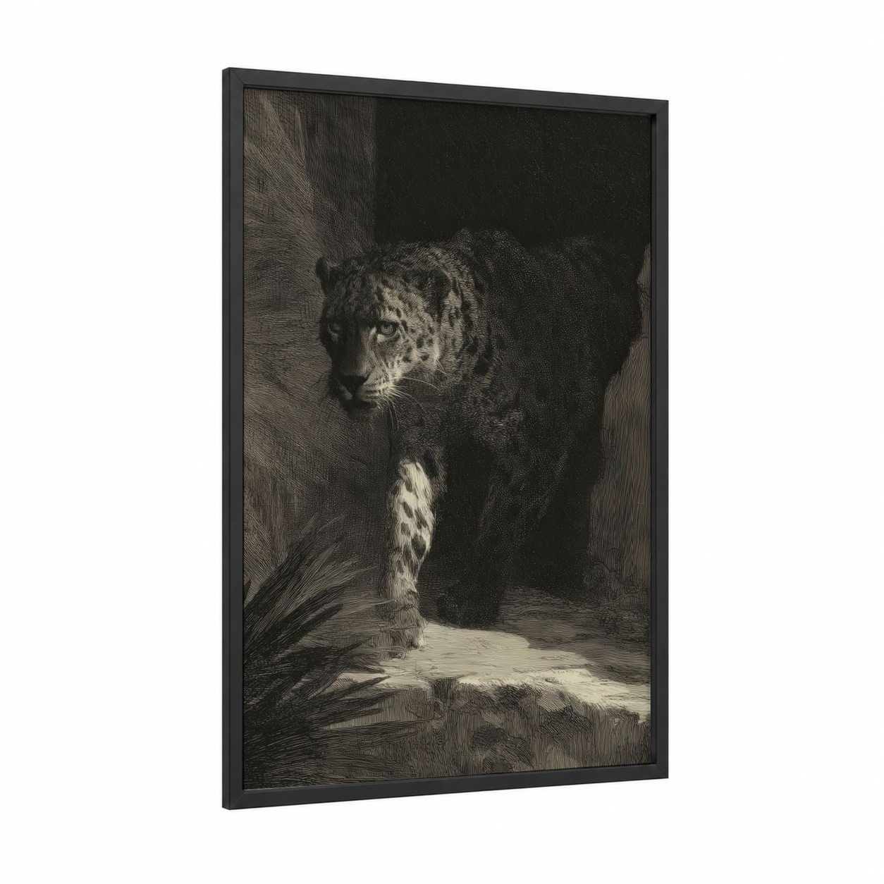 Shadow Leopard framed art print — black wood frame — black and white palette
