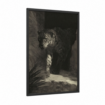 Shadow Leopard framed art print — black wood frame — black and white palette