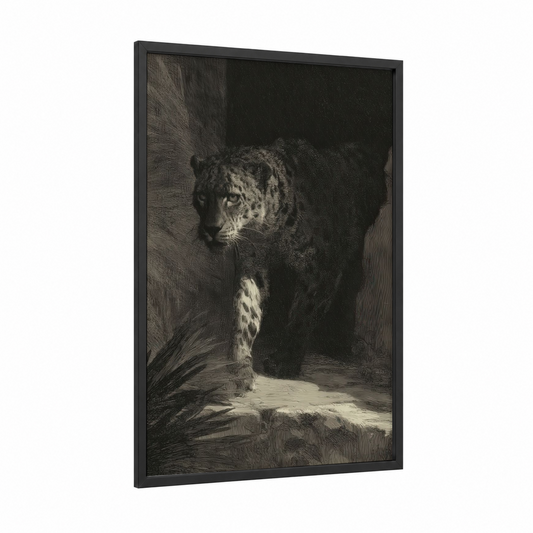 Shadow Leopard framed art print — black wood frame — black and white palette