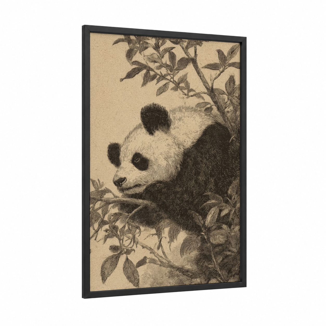Gentle Panda framed art print — black wood frame — black and white and cream palette