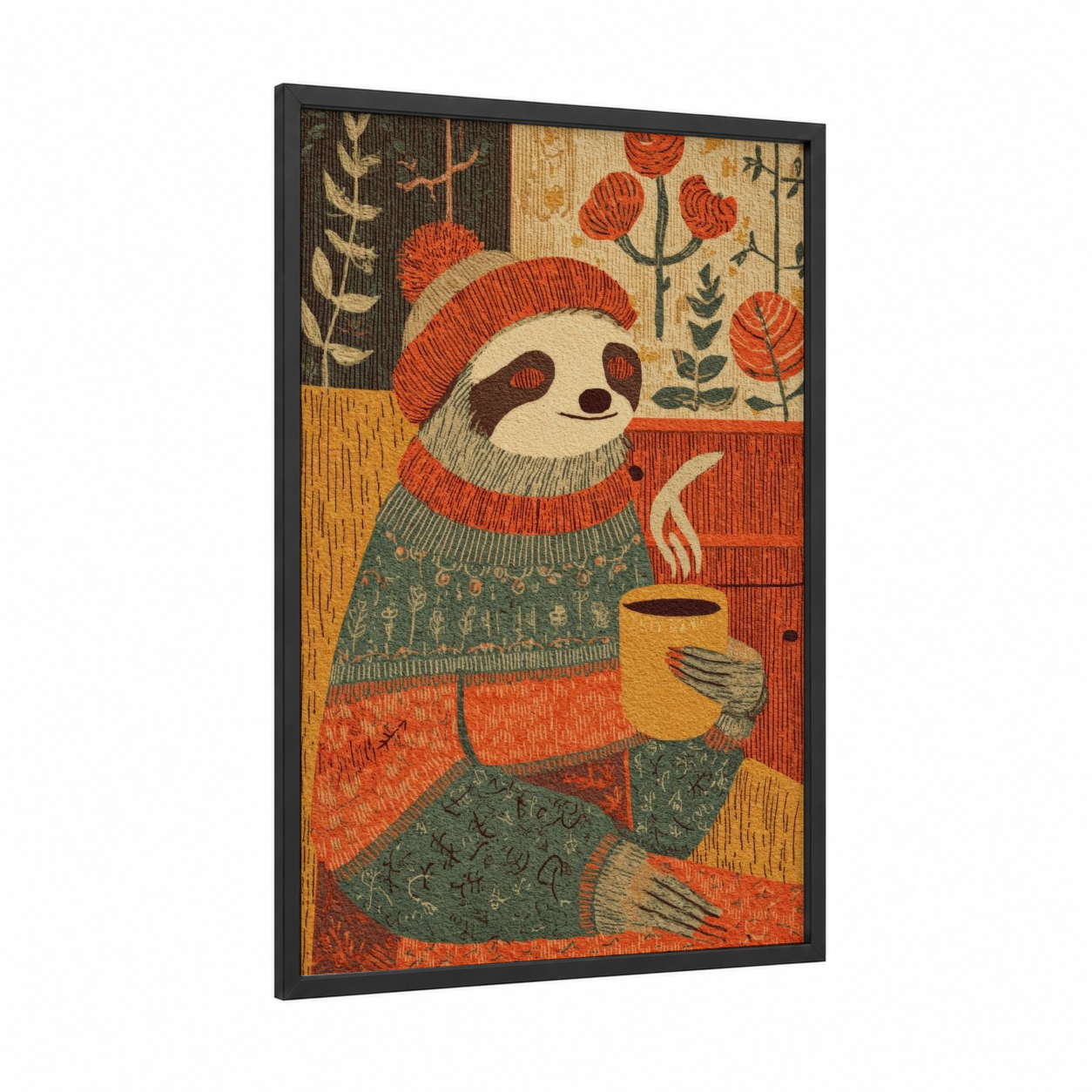 Cozy Sloth framed art print — black wood frame — russet and sage green palette