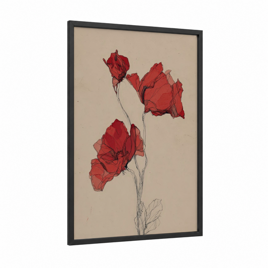 Crimson Poppies framed art print — black wood frame — red and beige palette