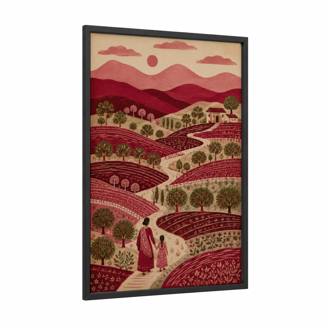 Tuscan Vineyard Landscape Wall Art framed fields and valleys print — black wood frame — maroon and beige palette