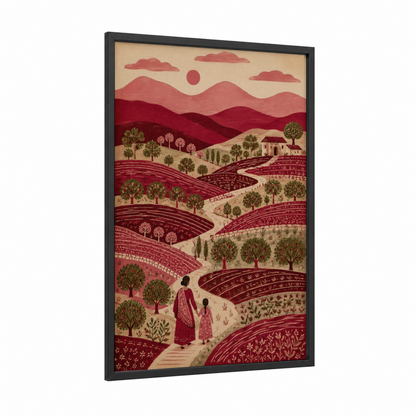 Tuscan Vineyard Landscape Wall Art framed fields and valleys print — black wood frame — maroon and beige palette