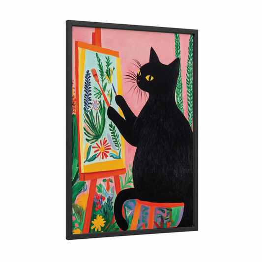 Artistic Black Cat framed art print — black wood frame — pink and gold palette