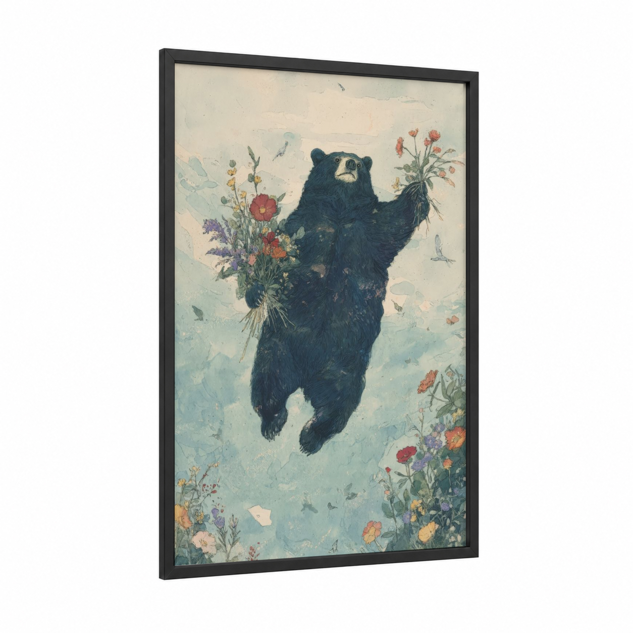 Floral Sloth Bear framed art print — black wood frame — sage green and cream palette