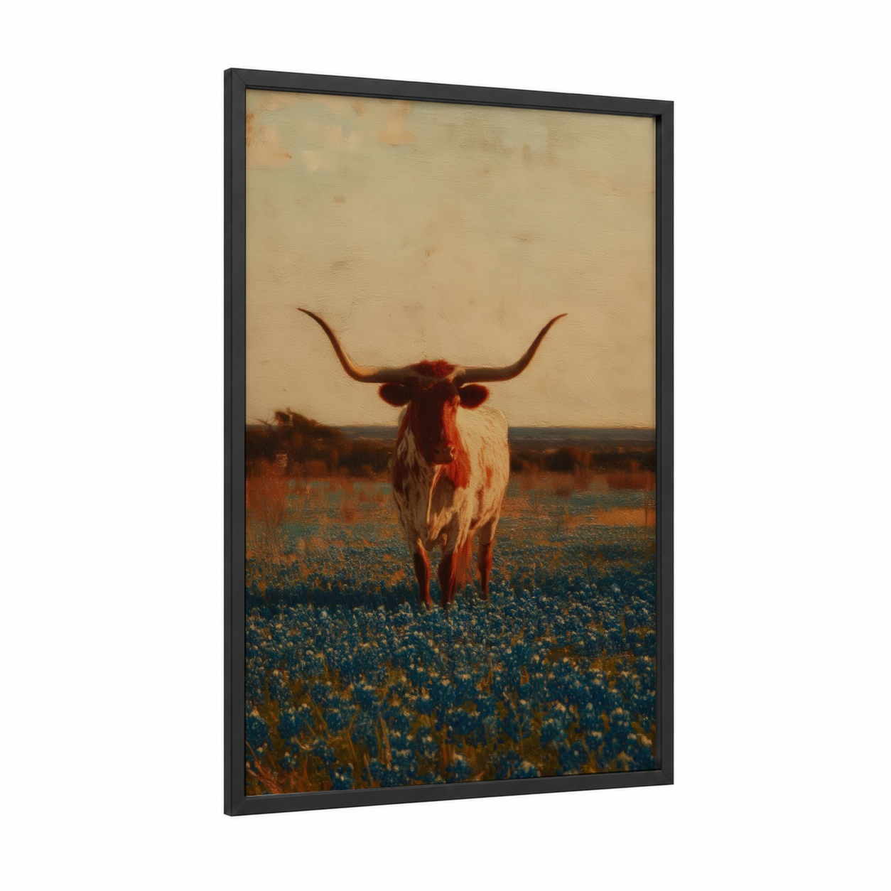 Golden Longhorn framed longhorn cow print — black wood frame — gold and russet palette