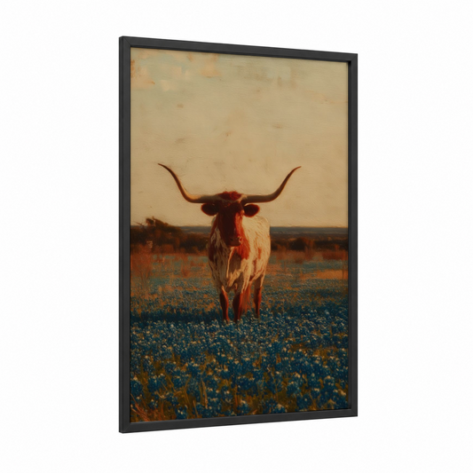 Golden Longhorn framed longhorn cow print — black wood frame — gold and russet palette