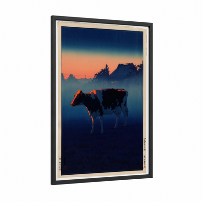 Sunrise Jersey Cow framed art print — black wood frame — blue and gold and orange palette