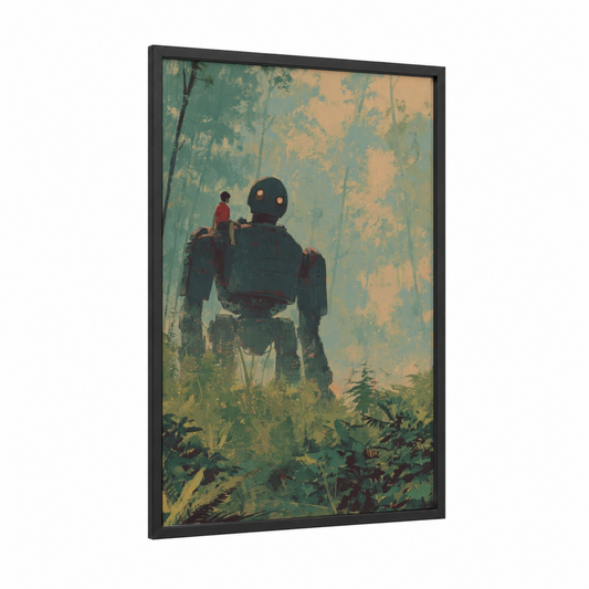Robot Explorer Boy framed art for boy print — black wood frame — sage green and cream palette