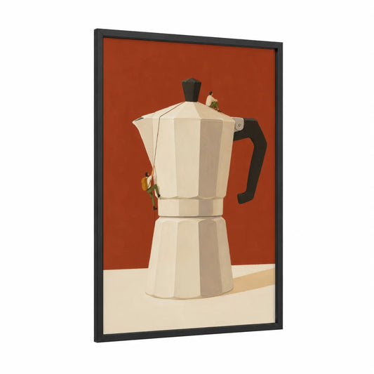 Moka Pot Climbers Kitchen Wall Art framed coffee print — black wood frame — orange and cream palette