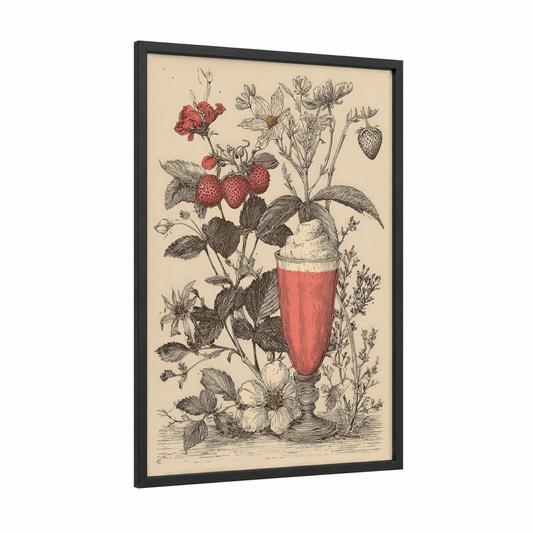 Strawberry Milkshake framed art print — black wood frame — salmon pink and cream palette