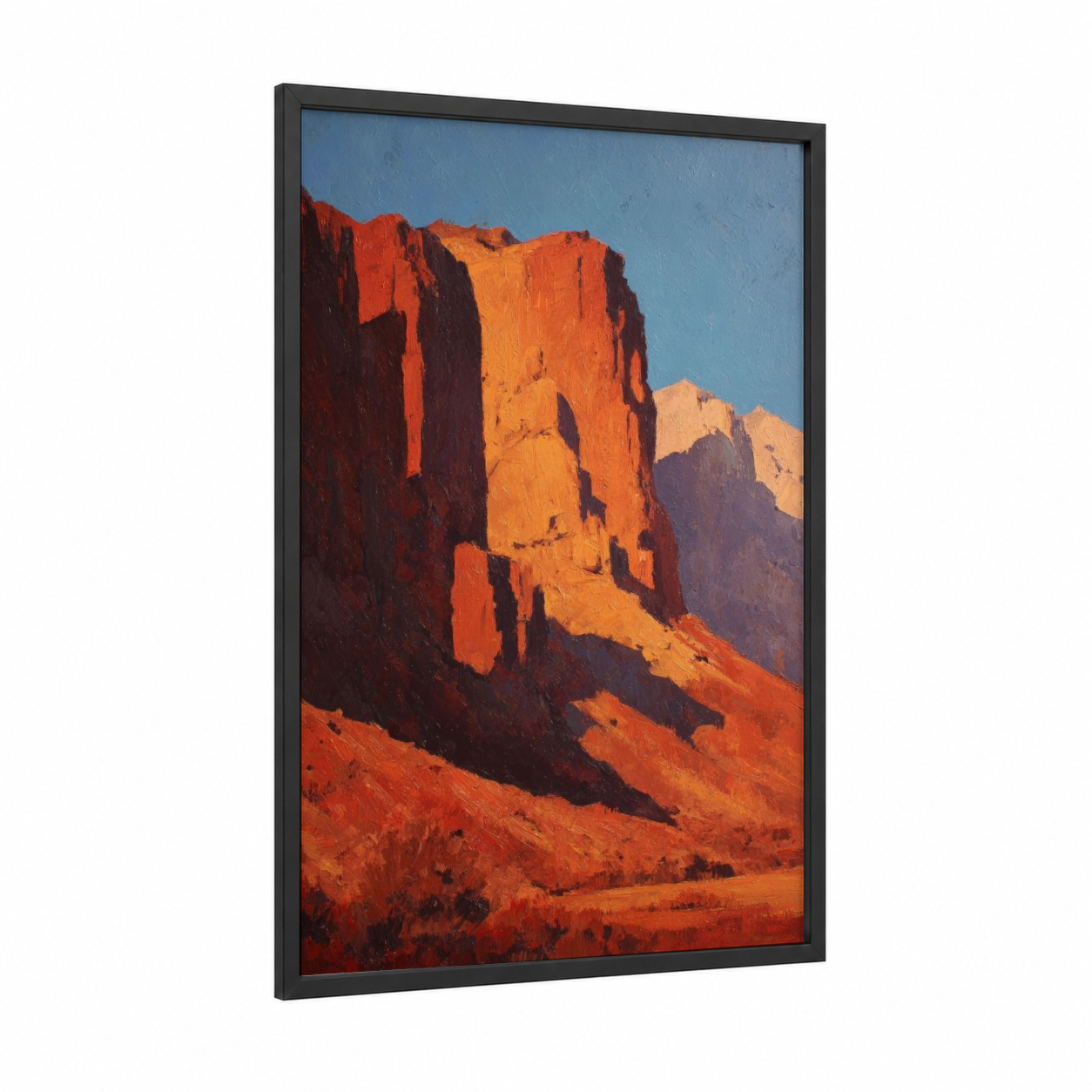 Golden Hour Butte framed cliff print — black wood frame — red and blue palette