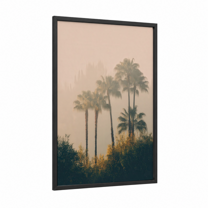 Misty Palm Forest framed art print — black wood frame — cream and sage green palette