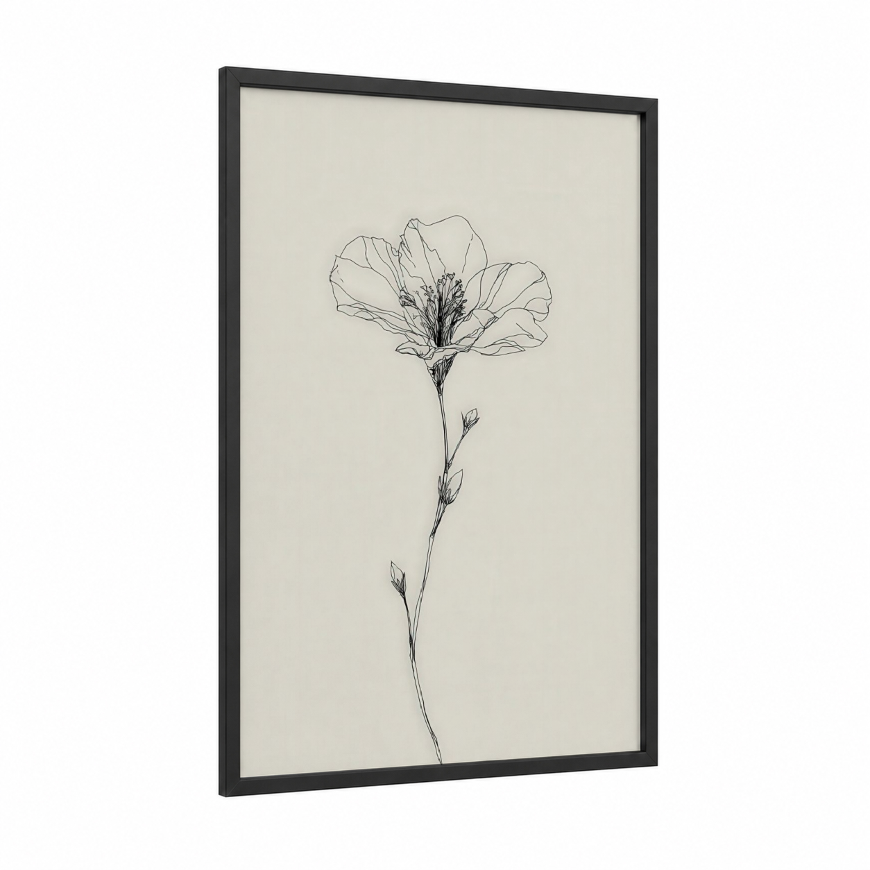 Delicate Hibiscus framed art print — black wood frame — black and white and cream palette