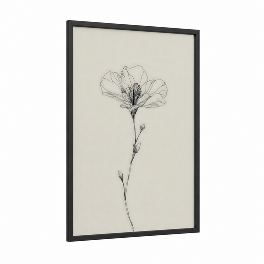 Delicate Hibiscus framed art print — black wood frame — black and white and cream palette