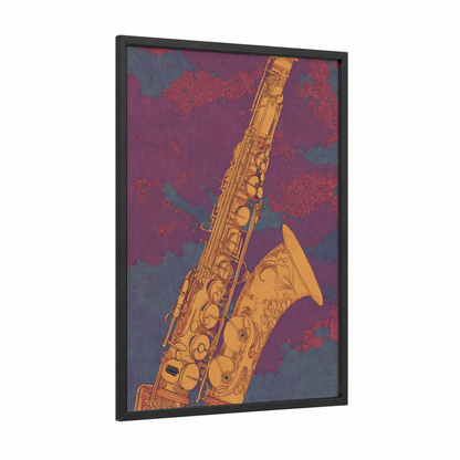 Golden Saxophone Jazz framed art print — black wood frame — gold and magenta palette